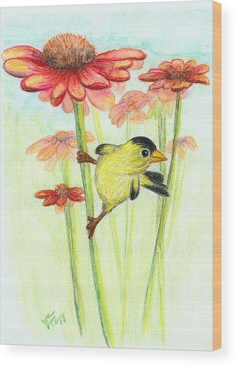 Bird Wood Print featuring the drawing Yellow finch by Tatiana Fess