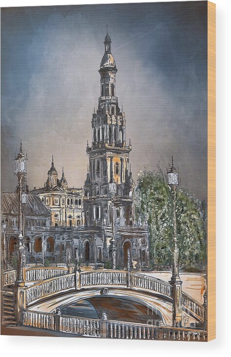 Square Wood Print featuring the painting Plaza de Espana in Seville by Andrzej Szczerski