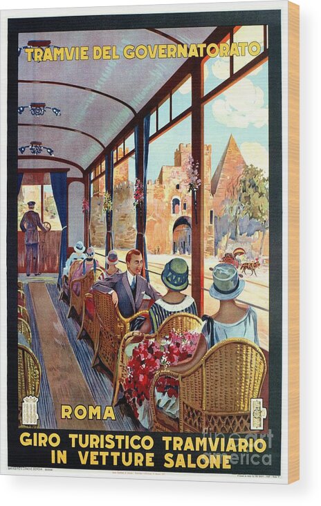 Vintage Wood Print featuring the digital art Rome Italy Interior luxury tourist tram Italian travel by Heidi De Leeuw
