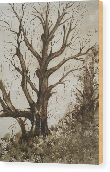  Monochomatic Wood Print featuring the painting Tree in Sepia-One Dead Tree by Susan Nielsen
