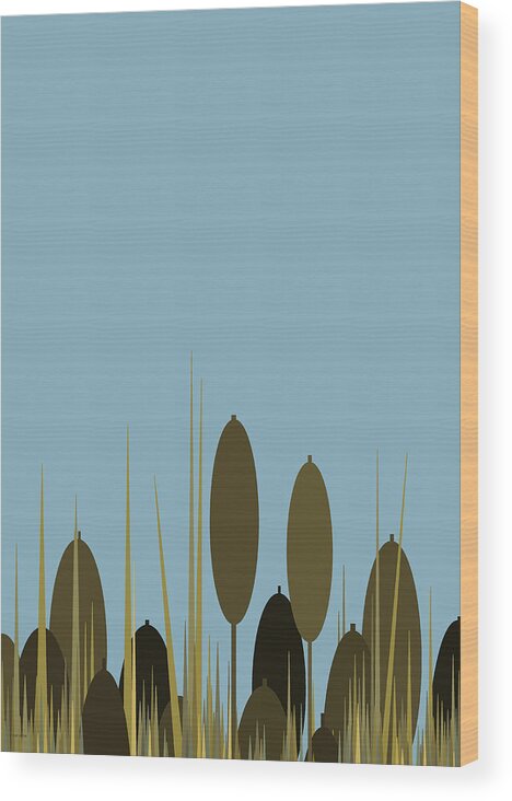 Cattails And Blue Sky Wood Print featuring the digital art Cattails and Blue Sky #1 by Val Arie