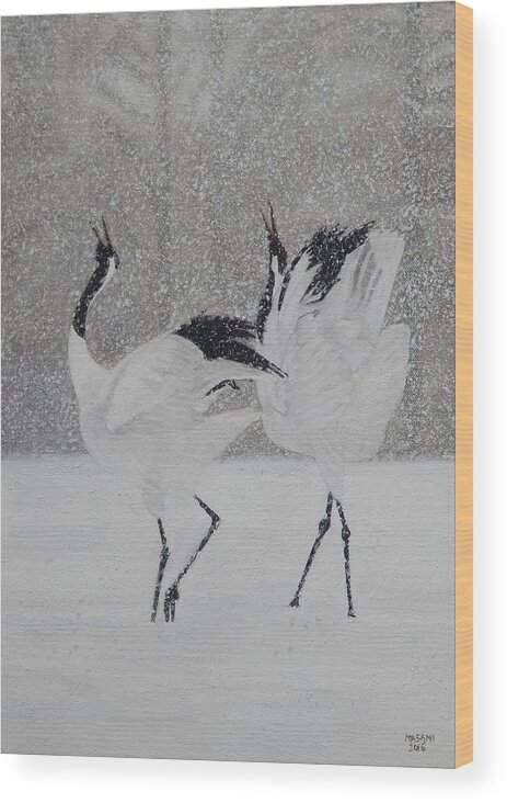 Bird Wood Print featuring the painting Courtship Dance #1 by Masami Iida
