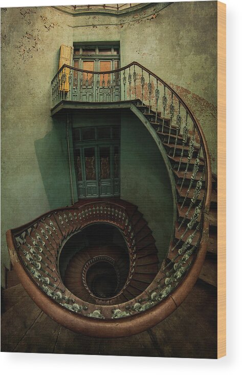 Building Wood Print featuring the photograph Old forgotten spiral staircase #1 by Jaroslaw Blaminsky