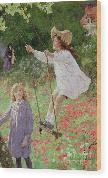 The Swing (oil On Board) Wood Print featuring the painting The Swing by Percy Tarrant