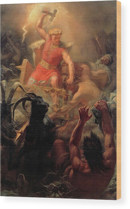 Thor Wood Print featuring the painting Thor Fighting With The Giants #1 by Marten Eskil Winge