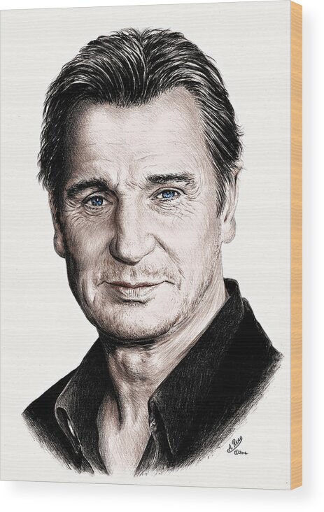 Liam Neeson Wood Print featuring the drawing Liam Neeson #2 by Andrew Read