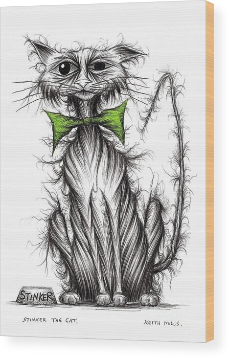 Stinker Wood Print featuring the drawing Stinker the cat #2 by Keith Mills