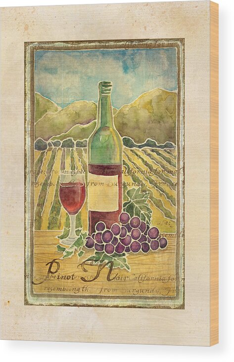 Wine Wood Print featuring the painting Vineyard Pinot Noir Grapes n Wine - Batik Style #2 by Audrey Jeanne Roberts