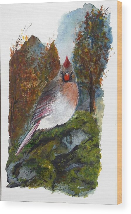 Female Cardinal Painting Wood Print featuring the painting The Cardinal's Lady #4 by Sibby S