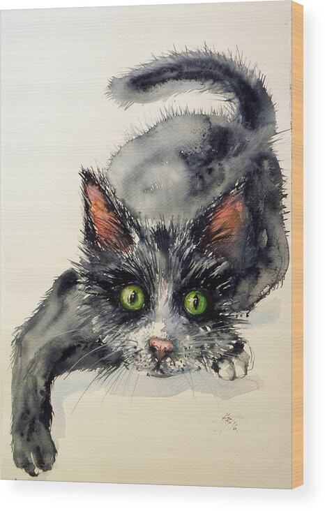 Cat Wood Print featuring the painting Cat #5 by Kovacs Anna Brigitta
