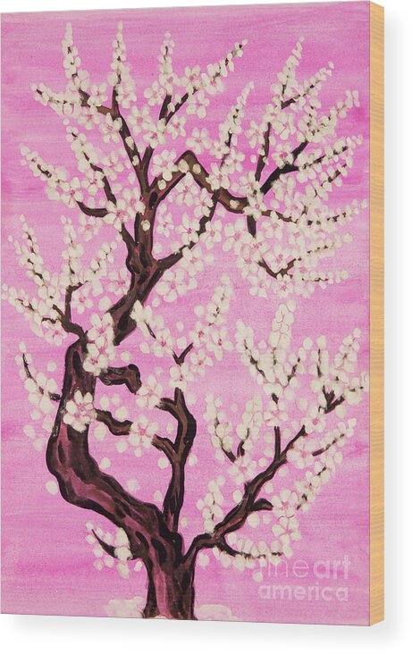 Tree Wood Print featuring the painting White tree in blossom, painting #6 by Irina Afonskaya