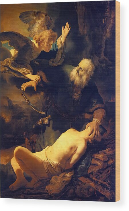Rembrandt Van Rijn Wood Print featuring the painting Abraham And Isaac by Troy Caperton