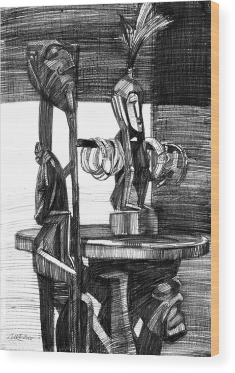 Igor Sakurov Wood Print featuring the drawing African Carved Statues by Igor Sakurov