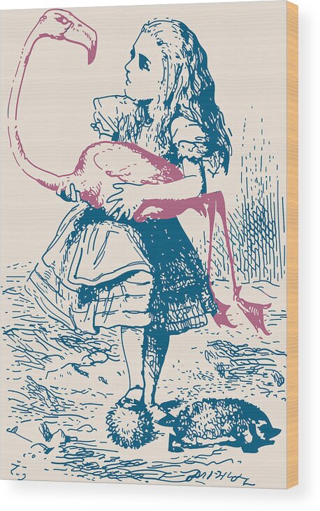 Alice And Flamingo Croquet Mallet Wood Print featuring the drawing Alice and Flamingo Croquet Mallet by  