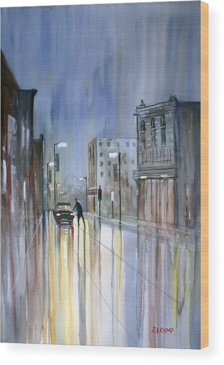 Street Scene Wood Print featuring the painting Another Rainy Night by Ryan Radke