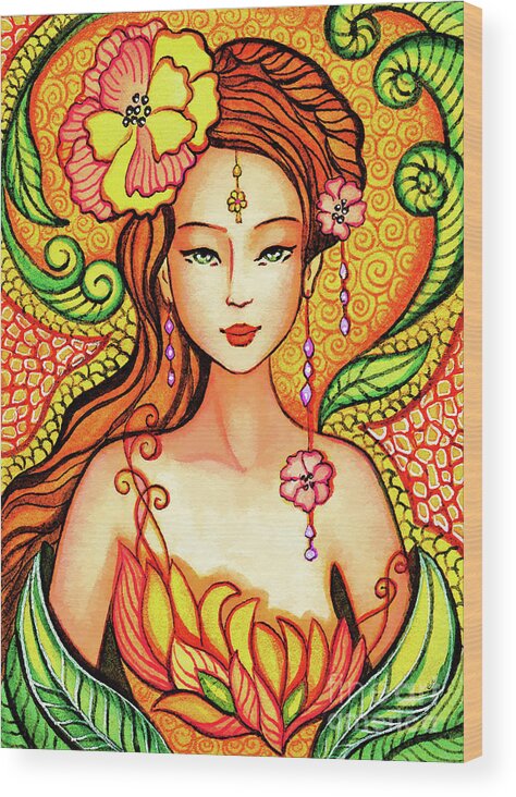 Asian Woman Wood Print featuring the painting Asian Flower Mermaid by Eva Campbell