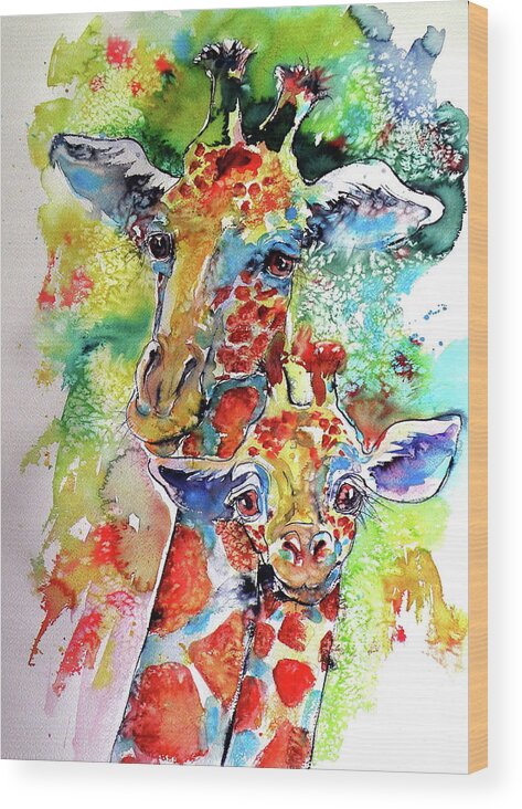 Baby Wood Print featuring the painting Baby giraffe with mammy by Kovacs Anna Brigitta