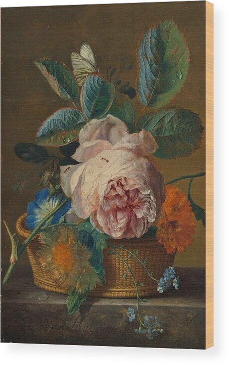 Basket With Flowers Wood Print featuring the painting Basket with flowers by Jan van Huysums