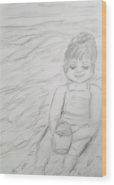 Children Wood Print featuring the drawing  Beach Baby by Suzanne Berthier