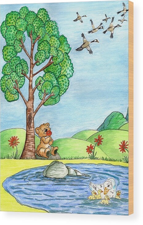 Bear Wood Print featuring the painting Bear With Flowers by Christina Wedberg