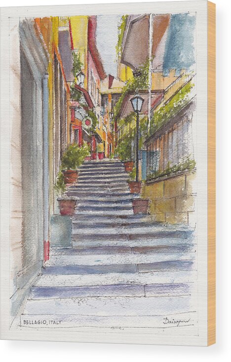 Streetscape Wood Print featuring the painting Bellagio Street Aquarelle by Dai Wynn