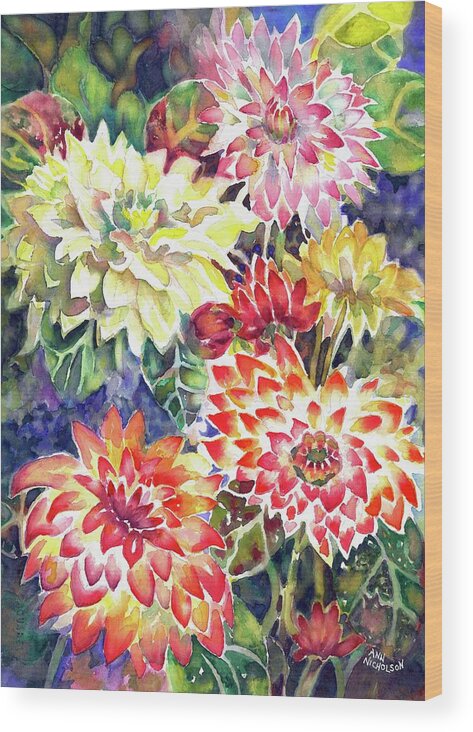 Watercolor Wood Print featuring the painting bety's Dahlias by Ann Nicholson