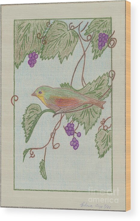 Portrait Wood Print featuring the drawing Bird on a Vine V2 by Donna L Munro