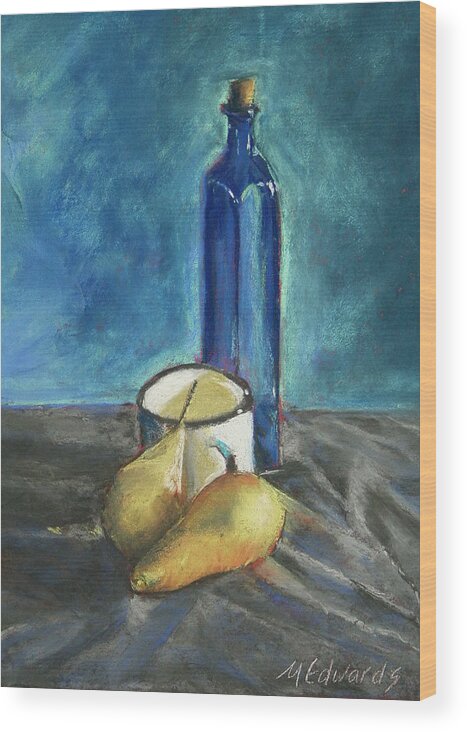 Hard Pastel Wood Print featuring the painting Blue Bottle and Pears by Marna Edwards Flavell