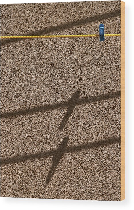 Minimal Wood Print featuring the photograph Blue Clothespin Shadow by Prakash Ghai