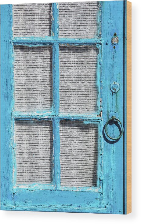 David Letts Wood Print featuring the photograph Blue Door Window with White Lace by David Letts