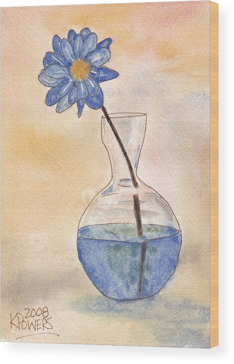 Flower Wood Print featuring the painting Blue Flower and Glass Vase Sketch by Ken Powers