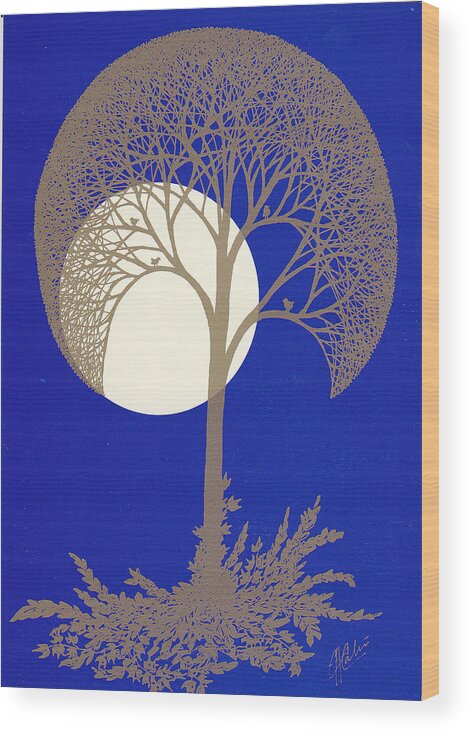  Wood Print featuring the drawing Blue Gold Moon by Charles Cater
