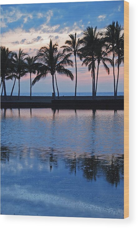 Anaehoomalu Bay Blue Hawaiian Kona Hawaii Palm Trees Landscape Photography Canvas Colors Beach Sunset Silhouette Wood Print featuring the photograph Blue Hawaiian by Kelly Wade