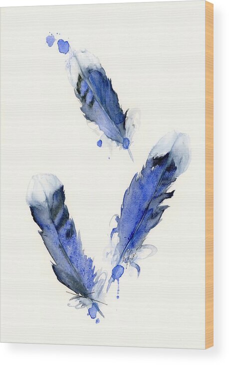 Watercolor Feathers Wood Print featuring the painting Blue Jay Feathers by Dawn Derman