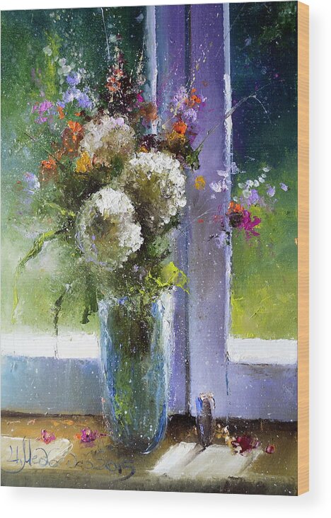 Russian Artists New Wave Wood Print featuring the painting Bouquet at Window by Igor Medvedev