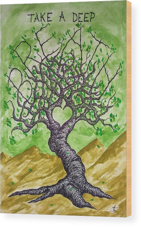 Love Wood Print featuring the drawing Breathe Love Tree by Aaron Bombalicki