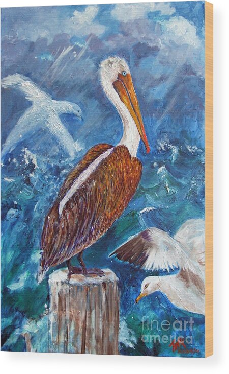 Brown Pelican Wood Print featuring the painting Brown Pelican with Gulls by Doris Blessington
