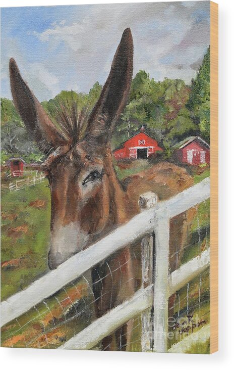 Donkey Wood Print featuring the painting Bubba - Steals the Show -Donkey by Jan Dappen