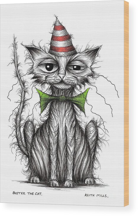 Buster Wood Print featuring the drawing Buster the cat by Keith Mills