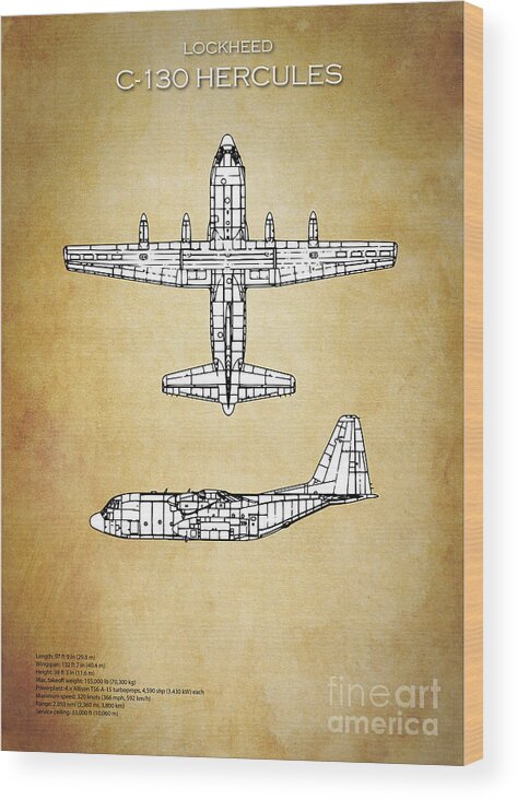 C130 Wood Print featuring the digital art C130 Hercules Blueprint by Airpower Art