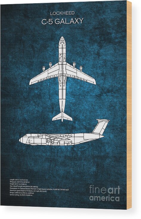 C5 Wood Print featuring the digital art C5 Galaxy AIrcraft Blueprints by Airpower Art