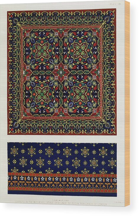 Carpet Wood Print featuring the painting Carpets in the medieval style from the Industrial arts of the Nineteenth Century by Vincent Monozlay