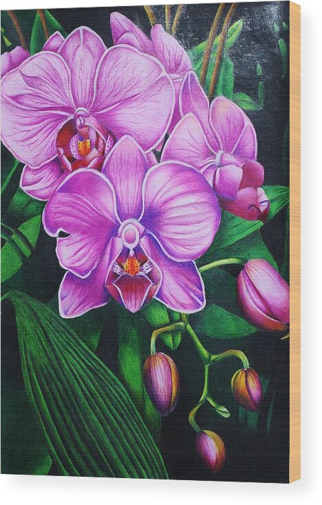 Flora Wood Print featuring the drawing Cascading Orchids by Bruce Bley