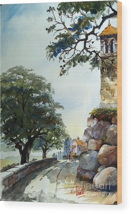 Watercolor Wood Print featuring the painting Castel at Borgo Rapale by Gerald Miraldi
