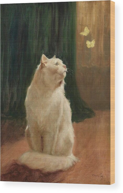 Arthur Heyer (1872-1931) Wood Print featuring the painting Cat And Butterflies by Arthur Heyer