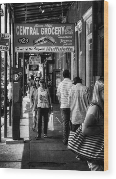 Central Grocery And Deli Wood Print featuring the photograph Central Grocery Muffuletta in Black and White by Greg and Chrystal Mimbs