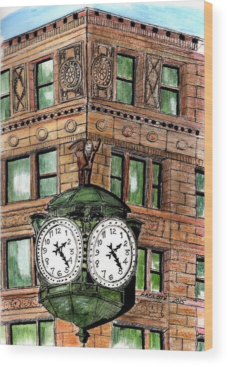 Drawings By Paul Meinerth Wood Print featuring the drawing Chicago Clock by Paul Meinerth