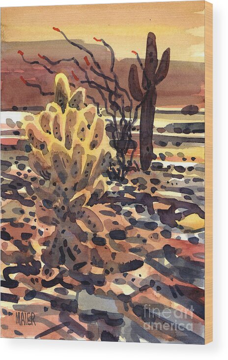 Cactus Wood Print featuring the painting Cholla Saguaro and Ocotillo by Donald Maier