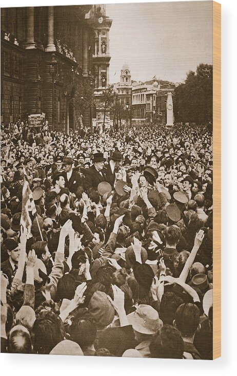 Churchill Wood Print featuring the photograph Churchill mobbed in Whitehall on VE Day by English School