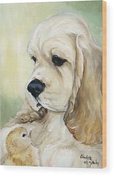 Dog Wood Print featuring the painting Cocker Spaniel and Chick by Charlotte Yealey